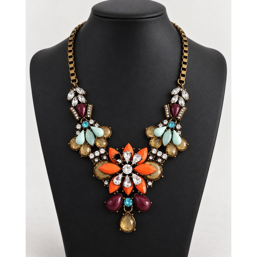 Antique Brass Statement Floral Bib Necklace Orange Teal Rhinestone Boho